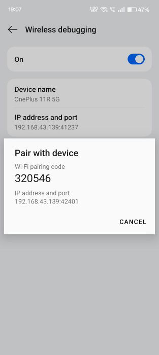 Adresse IP de l'appareil et code de couple