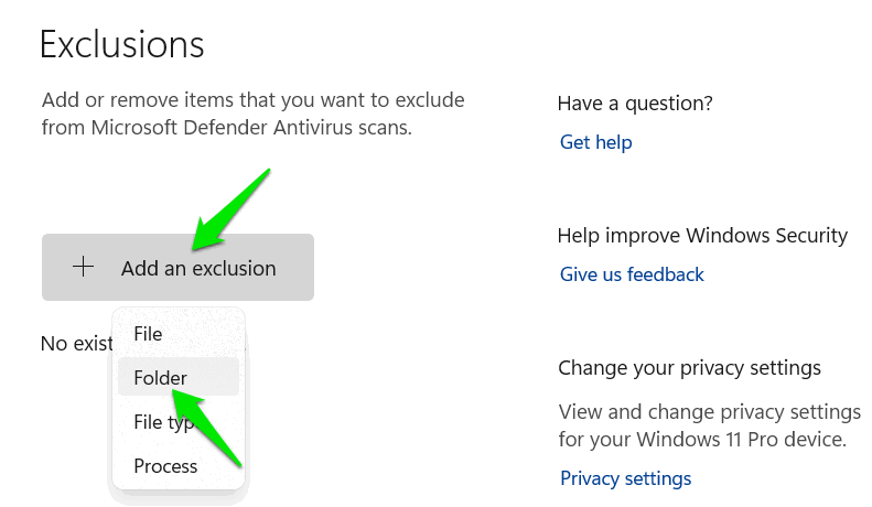 Ajout de dossier dans la liste d'exclusion de Windows Defender