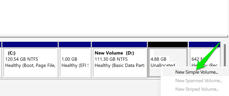 Création d'un nouveau volume dans Windows Disk Management