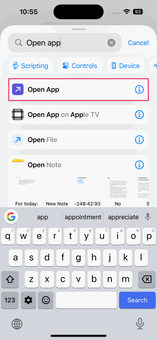 Recherche d'action dans l'application Raccourcis sur iPhone.