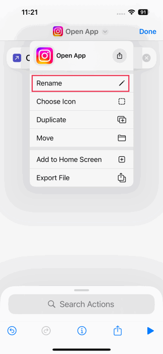 Appuyez sur l'option Renommer dans l'application Raccourcis sur iPhone.