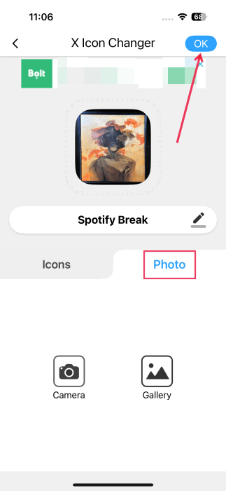 Utilisation de la photo comme icône de l'application dans l'application X Icon Changer sur l'iPhone.