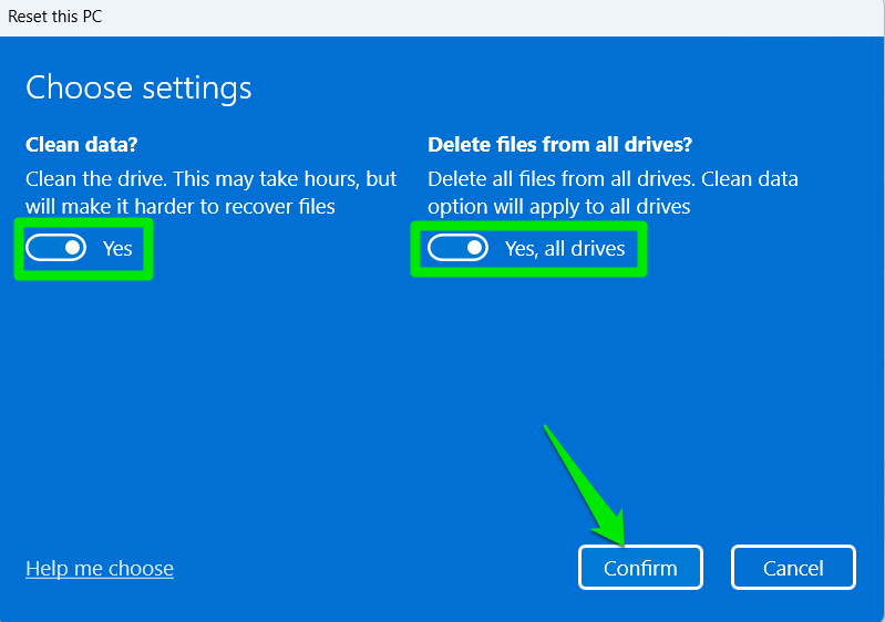 Windows Réinitialiser l'assistant montrant les options d'essuyage