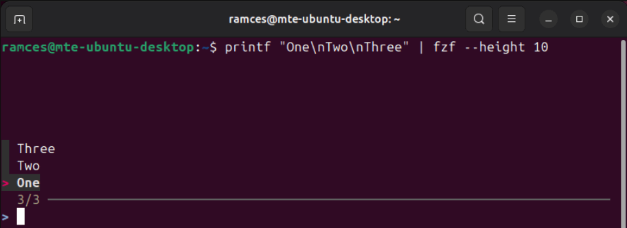 Un terminal montrant une invite FZF personnalisée.