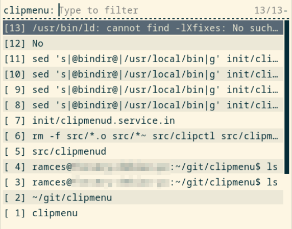 Une capture d'écran montrant ClipMenu utilisant le lanceur ROFI.