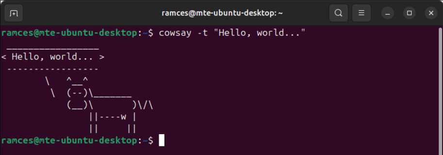 Un terminal montrant la notation illustrant une vache endormie.