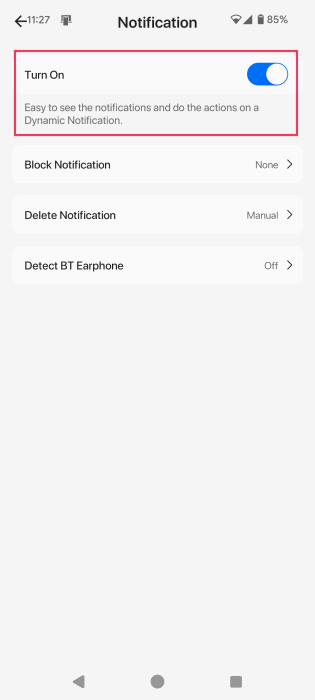 Activer la bascule dans le panneau de notification dans l'application de notification dynamique.