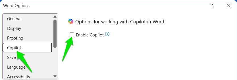 Option Microsoft Word pour désactiver le copilote