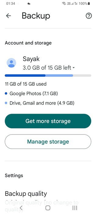 Google Photos Sauvegarde sur un appareil Android montrant la qualité de sauvegarde.