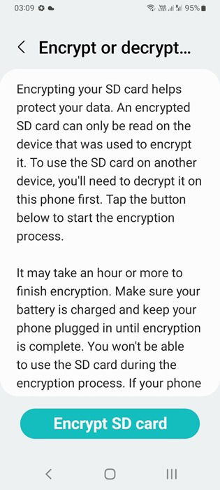 Crypt l'option de carte SD disponible sur Android.