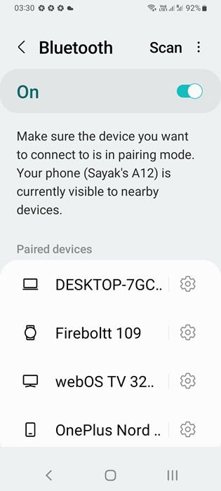 Une liste de tous les appareils appariés Bluetooth visibles sur les paramètres Bluetooth d'un Android.