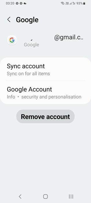 L'option de supprimer un compte Google d'un appareil Android.