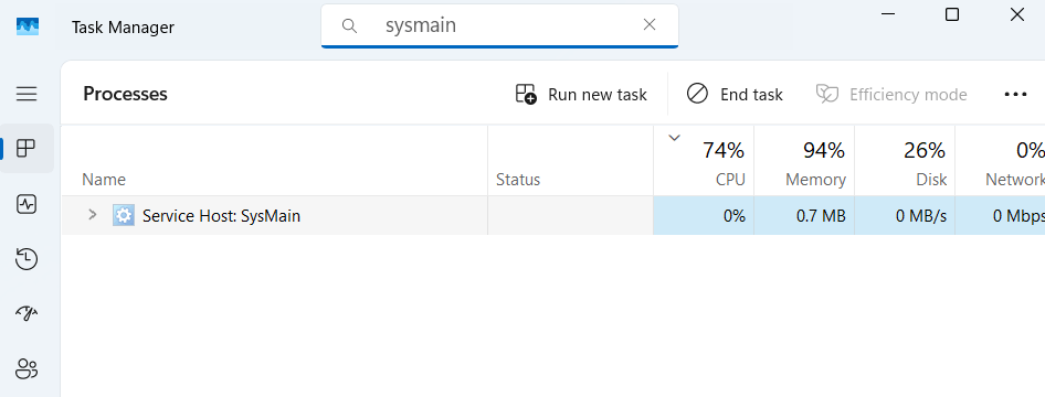 Gestionnaire de tâches Windows montrant le processus Sysmain