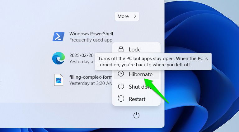 Option Hibernate dans le menu d'alimentation de Windows 11