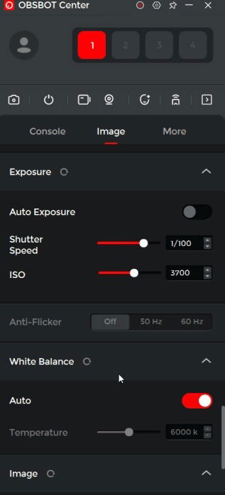 Application Obsbot Center affichant des options d'image.