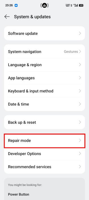 Choisir le mode de réparation dans Android