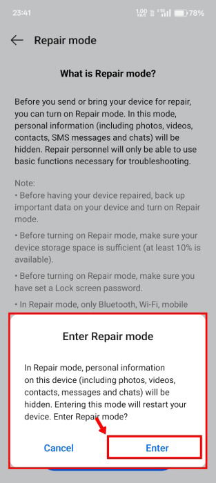 Confirmant que vous souhaitez entrer le mode de réparation sur votre Android