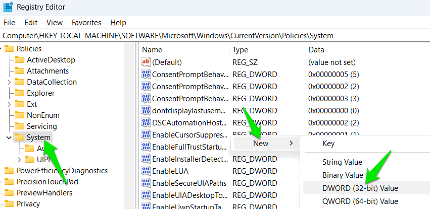 Création de la valeur DWORD dans le registre Windows