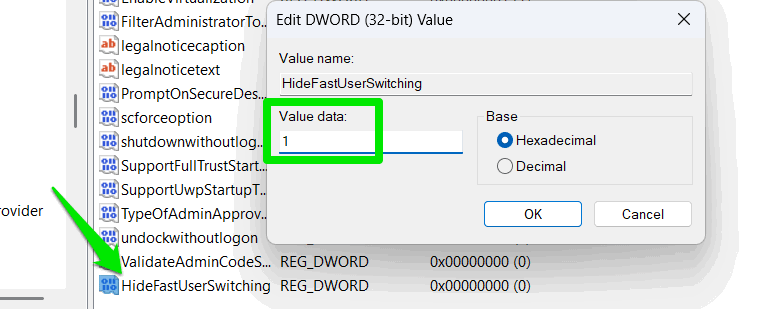 Ajustez la valeur de l'hidefUsUsers de la valeur dans le registre Windows
