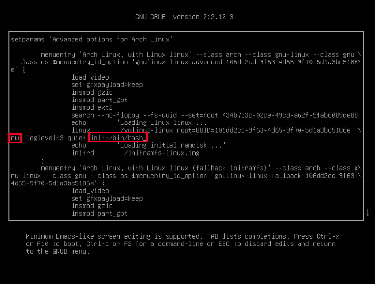 grub-edit-kernel-wading-menu Une capture d'écran montrant le menu de grub avec des faits saillants sur le