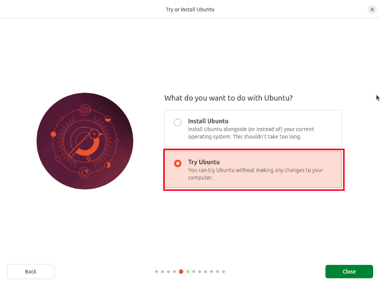 ubuntu-live-cd-try-ubuntu Une capture d'écran mettant en évidence le