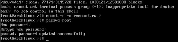 grub-bash-écran-réinitialisation-password Un terminal montrant le processus de modification du mot de passe racine en mode utilisateur unique.