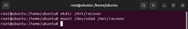 Ubuntu-livecd-montant-partition Un terminal montrant le processus de montage de la partition racine dans le système ISO en direct.