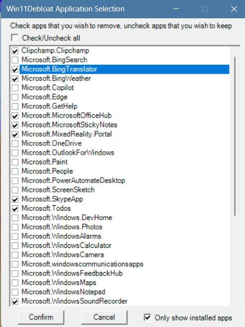 Liste des applications installées à supprimer lors de l'utilisation de Win11Debloat