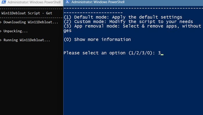 Commande de suppression de l'application dans PowerShell pour le script Win11Debloat.