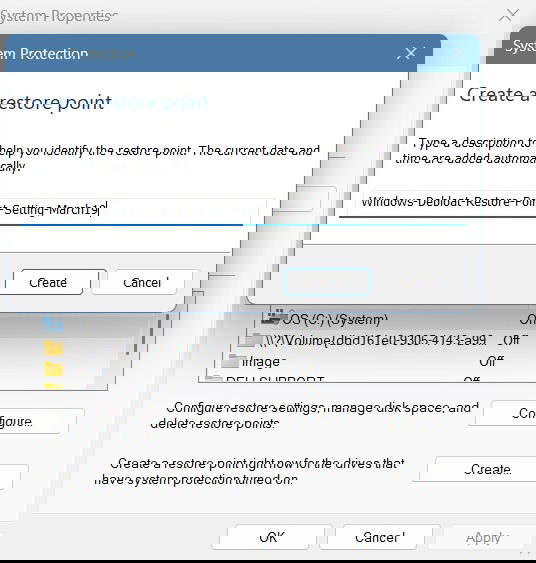 Création d'un point de restauration après avoir utilisé le script de débloat Windows.