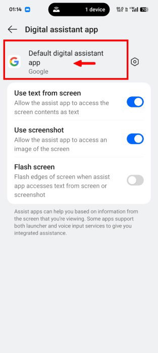 Paramètres d'application d'assistant numérique par défaut dans Android