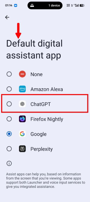 Sélection de l'application d'assistant numérique par défaut