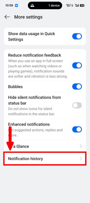 Réglage de l'historique de la notification dans Android