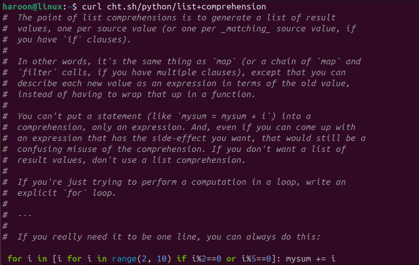 Affichage de la page de la fiche de la compréhension de la liste Python