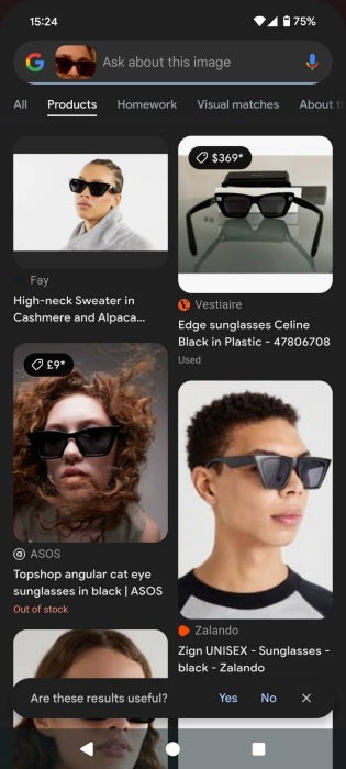 Affichage des correspondances de recherche pour les lunettes de soleil via le cercle de Google pour rechercher.