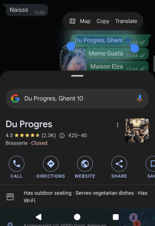 Comparaison des options de restaurant dans WhatsApp avec Google's Circle pour rechercher.