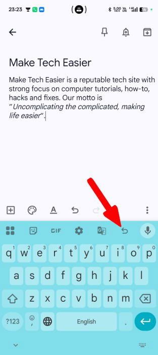 Bouton de rétablissement dans la barre d'outils GBoard