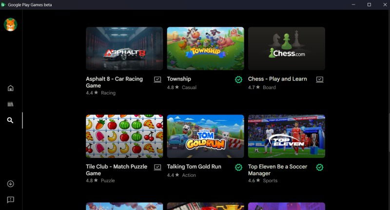 Parcourir des jeux dans Google Play Games sur PC.