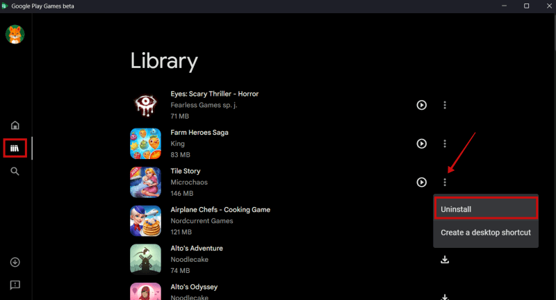 Jeu désinstallé de Google Play Games Library sur PC.