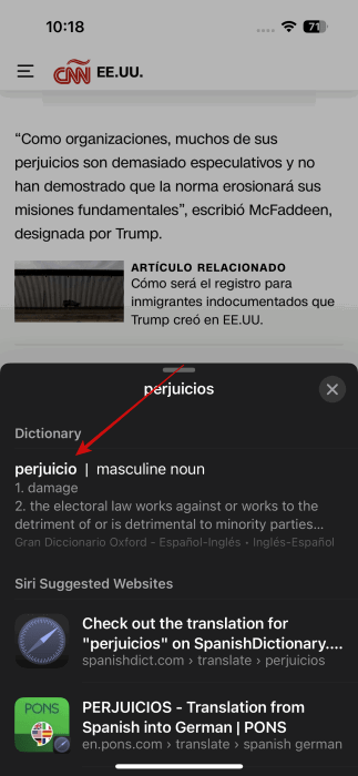 Vue de définition de mot étranger dans le navigateur Safari sur iPhone.