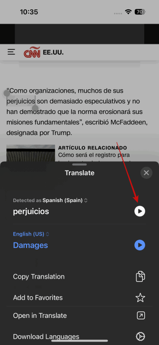 Bouton de prononciation pour un mot étranger dans l'application Safari sur iPhone.