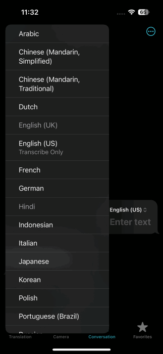 Définition de la source / du langage cible dans l'application Translate sur iPhone.