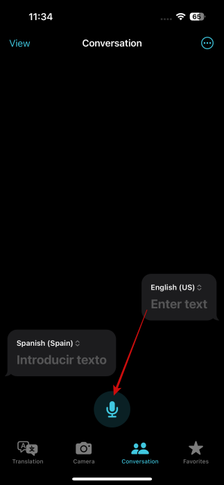 Appuyez sur l'icône Mic dans l'application Translate sur iPhone.