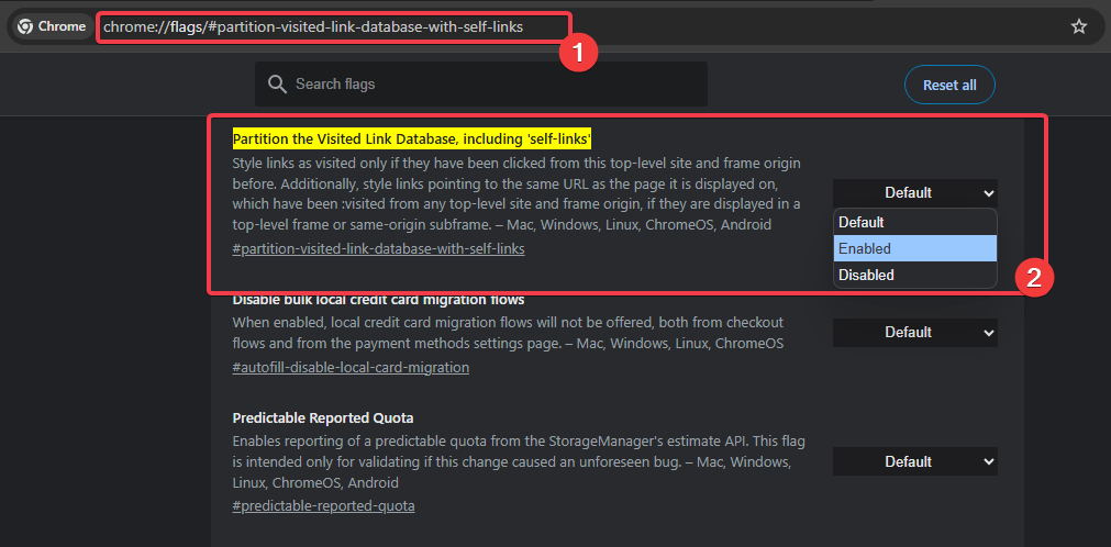 Activer les paramètres de partition de liens visités chrome