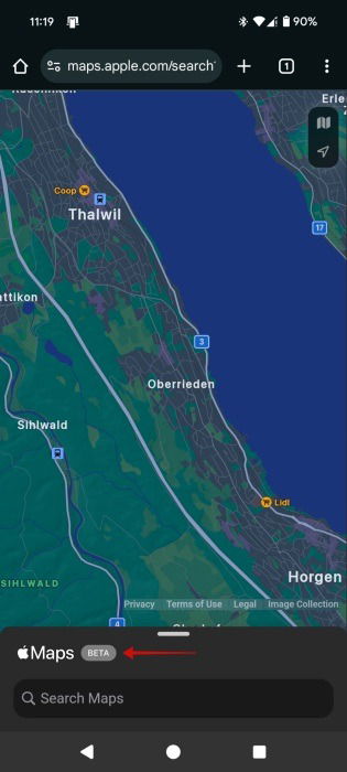 Apple Maps View dans Chrome Browser sur Android.