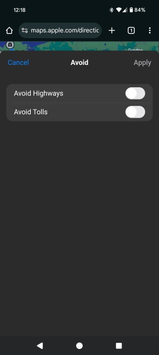 Utilisation d'éviter la fonction dans Apple Maps pour le Web sur le téléphone Android.