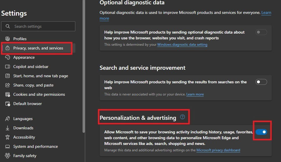 Désactiver la personnalisation et la publicité dans Edge.