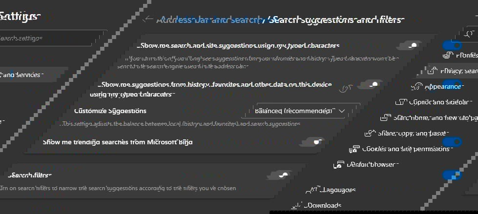 Désactiver les suggestions de recherche et les filtres dans Edge.