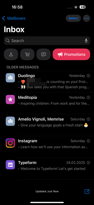 Affichage des catégories dans l'application Apple Mail sur iPhone.