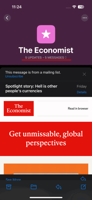 Affichage du fil de messagerie d'abonné dans l'application de messagerie sur iPhone.